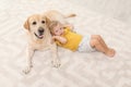 Adorable yellow labrador retriever and little boy