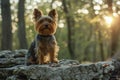 Adorable Yorkshire Terrier Sitting on Forest Log at Sunset, Cute Small Dog Natural Outdoor Scene Royalty Free Stock Photo