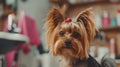 Adorable Yorkshire Terrier stylish haircut dog salon. Animal pet care