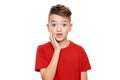 Adorable young boy in shock, isolated over white background. Shocked child looking at camera in disbelief. Royalty Free Stock Photo