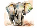 An adorable young elephant in a blooming field is shown in a watercolor.