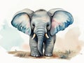 An adorable young elephant in a blooming field is shown in a watercolor.