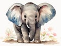 An adorable young elephant in a blooming field is shown in a watercolor.
