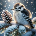 Adorable Young Female Downy Woodpecker Perched on a Pine Tree Branch during a Winter Snowstorm AI Generated