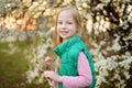 Adorable young girl in blooming cherry tree garden on beautiful spring day. Cute child picking fresh cherry tree flowers at spring Royalty Free Stock Photo