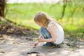 Adorable young girl in blooming cherry tree garden on beautiful spring day. Cute child picking fresh cherry tree flowers at spring Royalty Free Stock Photo