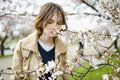 Adorable young girl in blooming cherry tree garden on beautiful spring day. Cute child picking fresh cherry tree flowers at spring Royalty Free Stock Photo