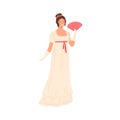 Adorable young girl in retro style dress posing with fan vector flat illustration. Trendy woman wearing clothing of 18th