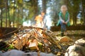 Adorable young girl roasting marshmallows on stick at bonfire. Child having fun at camp fire. Camping with children in fall forest Royalty Free Stock Photo