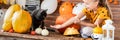 Adorable young girl sitting on a table playing with halloween pumpkin and her pet cat. Halloween lifestyle background. Royalty Free Stock Photo