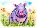 An adorable young hippo in a blooming field is shown in a watercolor.