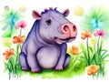 An adorable young hippo in a blooming field is shown in a watercolor.