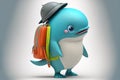 Adorable young whale wearing backpack and hat.