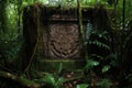 adorned with ancient runes, half-buried in jungle undergrowth Royalty Free Stock Photo