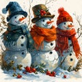 Three cute snowmen illustrations with hats and scarves are charming