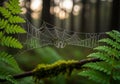 Adorned with dewdrops glistens in a forest setting, suspended between Royalty Free Stock Photo