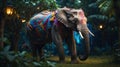 Majestic Decorated Elephant in Tropical Forest at Night Royalty Free Stock Photo