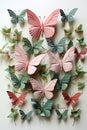 beautiful pink origami and green butterflies and leaf stalks stuck to the wall