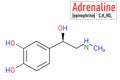 Adrenaline, adrenalin, epinephrine neurotransmitter molecule. Used as drug in treatment of anaphylaxis Skeletal formula