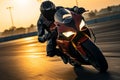 Adrenaline filled sport Motorcycle rider zooms on race track at sunset