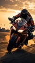 Adrenaline filled sport Motorcycle rider zooms on race track at sunset