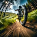 Rider hurtles down off-road track on mountain bike Royalty Free Stock Photo