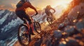 Adrenaline-Fueled Mountain Biking on a Rugged Alpine Trail at Sunset. Generative ai