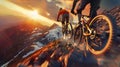 Adrenaline-Fueled Mountain Biking on a Rugged Alpine Trail at Sunset. Generative ai