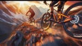 Adrenaline-Fueled Mountain Biking on a Rugged Alpine Trail at Sunset. Generative ai