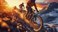 Adrenaline-Fueled Mountain Biking on a Rugged Alpine Trail at Sunset. Generative ai