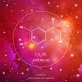 Adrenaline hormone molecule and formula in front of cosmis background. Brain chemistry infographic