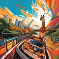 Adrenaline-pumping scene in Johannesburg with a curious giraffe and roller coaster