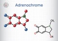 Adrenochrome, adraxone molecule. It is produced by the oxidation of adrenaline. Structural chemical formula and molecule model.