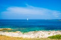 Adriatic sea in Croatia, Dugi otok island, sailing boat on sea in bay on Veli Rat Royalty Free Stock Photo