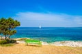 Adriatic sea in Croatia, Dugi otok island, sailing boat on sea in bay on Veli Rat Royalty Free Stock Photo