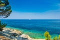 Adriatic sea in Croatia, Dugi otok island, sailing boat on sea in bay on Veli Rat Royalty Free Stock Photo