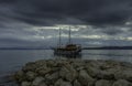 Adriatic Sea with floating ship - Brela, Croatia Royalty Free Stock Photo