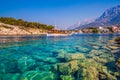 Adriatic sea shore with small leisure boats inside the harbor of Makarska City