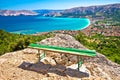 Adriatic town of Baska aerial view from hiking trail, Island of Krk