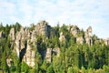 Adrspach rock town sandstone towers with green forest trees