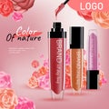 Ads fashion cosmetic collection. Lipstick with rose flower petals. pastel color style organic cosmetics background. White and