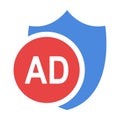 Ads protection icon. Shield and ad vector illustration