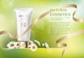 Ads template, blank skin care mockup with realistic daisy, plastic tubes for cosmetic products and gold tape on green
