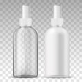 Ads template mockup two realistic plastic sprayer bottle transparent and white for liquid gel, soap, lotion, cream