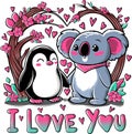 Cute Koala and Penguin in Love, Happy Valentines Day, Animals Illustration.