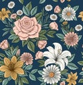 Rose, Hibiscus and Daisy Seamless Pattern with Green Leaves. Hand Drawn Floral Print. Royalty Free Stock Photo