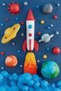 Adstract Plasticine Space Scene with Rocket and Planets. 3d Rendering