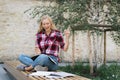 Adult academy student girl showing idea sign, making homework Royalty Free Stock Photo