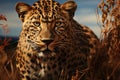 Adult angry leopard in african savannah. Created with Generative AI