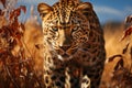 Adult angry leopard in african savannah. Created with Generative AI